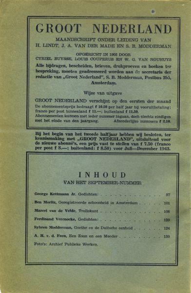 Lindt, Hendrik/ Made, J.A. van der/ Modderman, S.B. - Groot Nederland. Letterkundig en algemeen cultureel maandschrift, september 1943