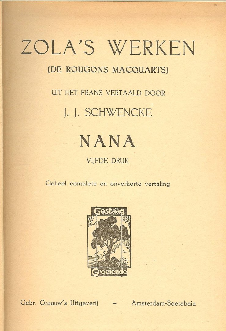 Schwencke J J  Uit het frans vertaald - Zola's Werken. ( de Rougons-Macquarts  ] Nana  Geheel complete en onverkorte vertaling