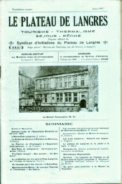 --- - Le Plateau de Langres. Tourisme-thermalisme-séjour-pêche. Organe officiel. Troisième année. Juin 1937
