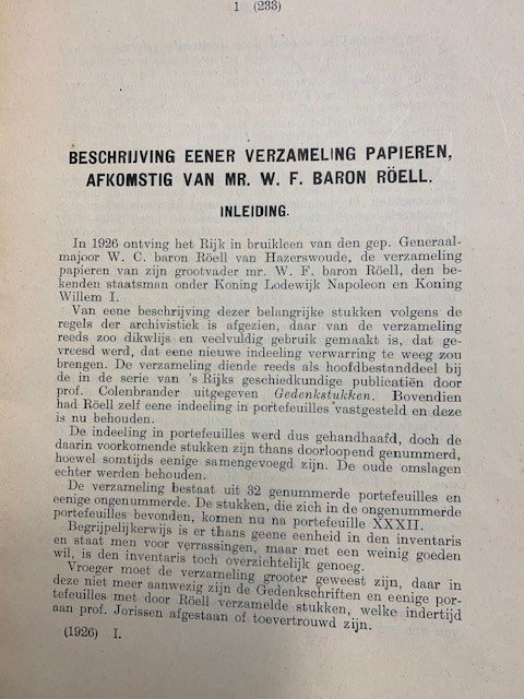  - Beschrijving eener verzameling papieren afkomstig van Mr. W.F. Baron Roell.
