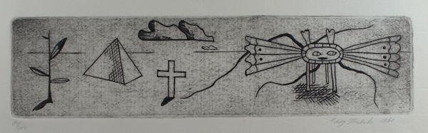 Hendriks, Eddy. - Surrealistische compositie (landschap met kruis en pyramide).