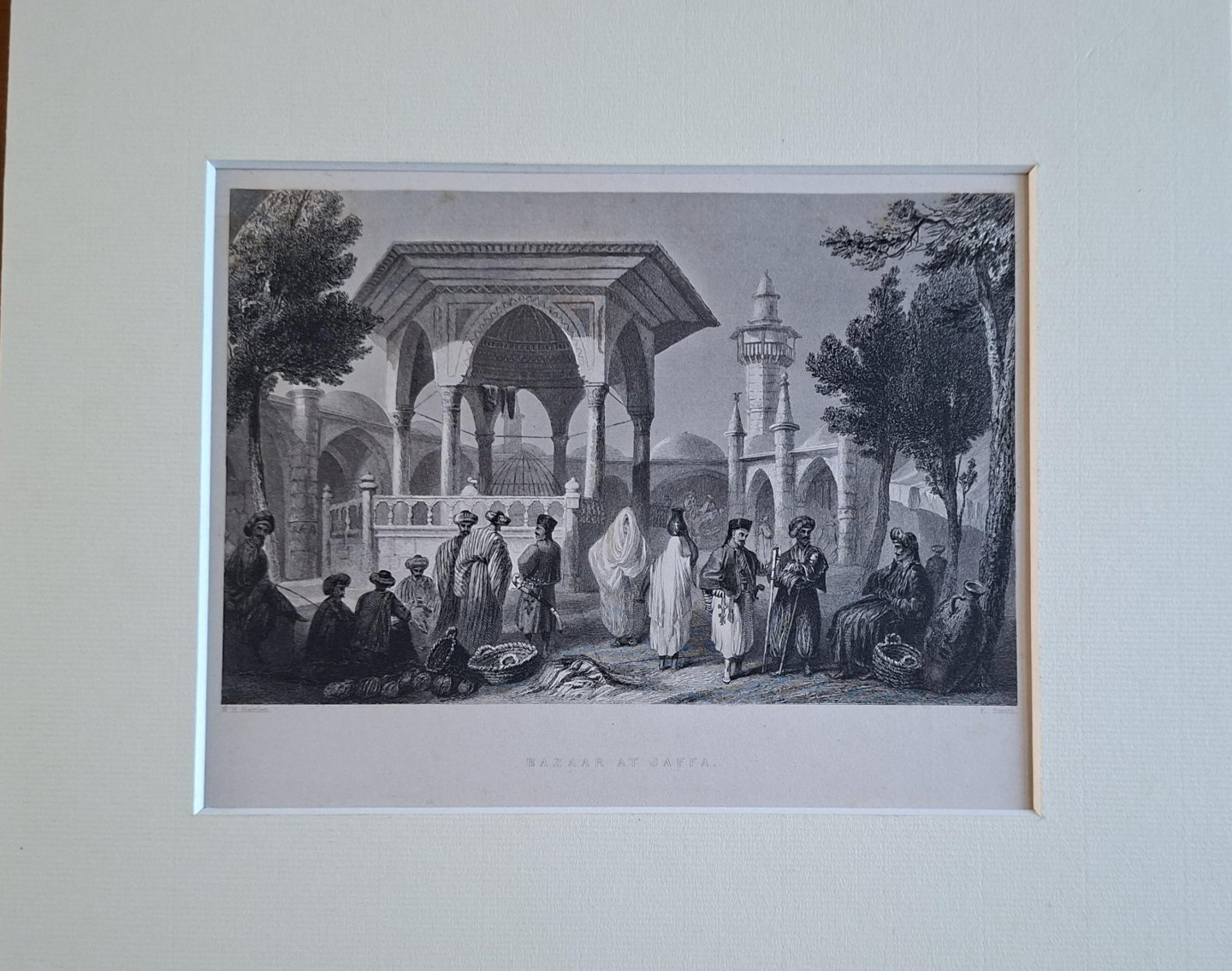  - Bazaar at Jaffa, steel engraving drawn by British topographical artist William Henry Bartlett and engraved by E. Smith