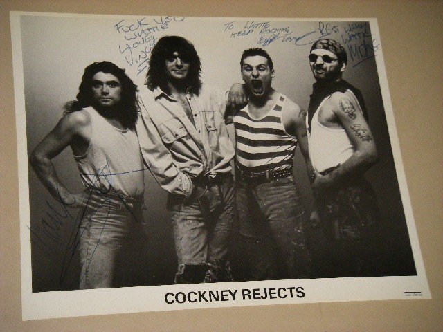 Cockney Rejects - PHOTOGRAPH of the Band COCKNEY REJECTS, SIGNED for Wattie (Walter David Buchan) BY Keith `Sticks` Warrington (Drums), Vince Rior