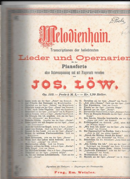 Löw, Jos - Melodienhain transcriptionen der beliebtesten Lieder und Opernarien für das Pianoforte