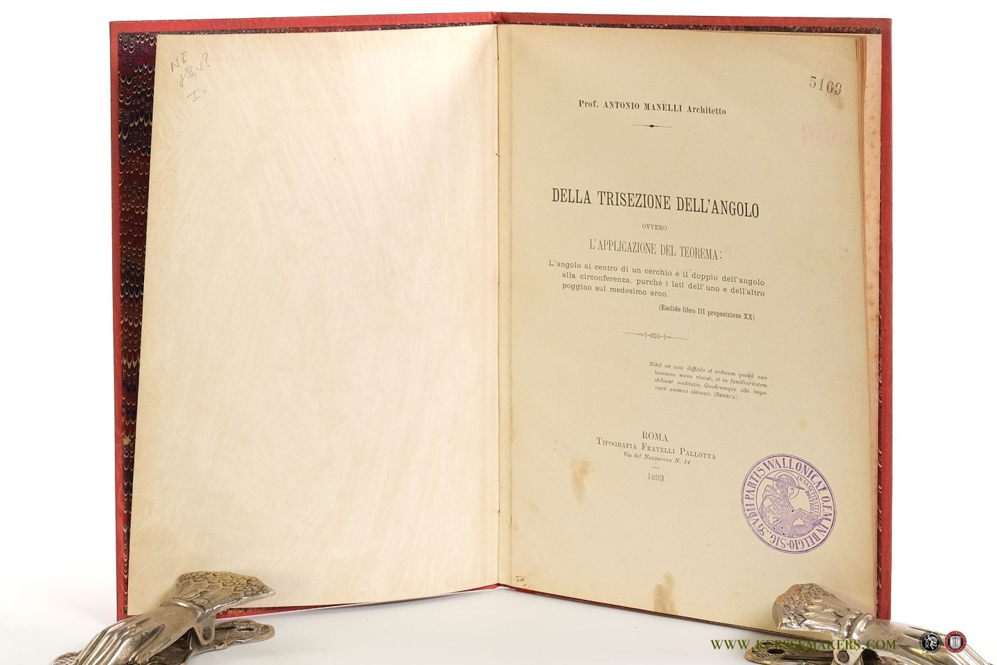 Manelli, Antonio - Della trisezione dell'angolo ovvero L'Applicazione del teorema: L'angolo al centro di un cerchio è il doppio dell'angolo alla circonferenza, purchè i lati dell'uno e dell'altro poggino sul médesimo arco. (Euclide libro III proposizione XX).
