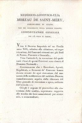 (BODONI). MOREAU DE SAINT-MÉRY, M.-L.-É. - Vu le Décret Impérial du 20 Prairial an XIII... (= June 8, 1805). Arrête.