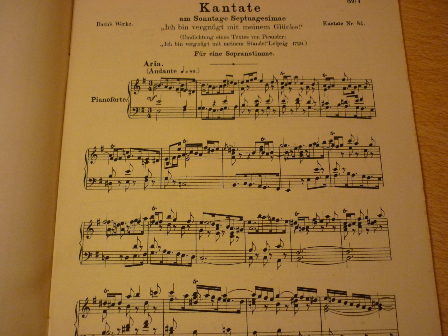 Bach; J.S. - Kantate Nr. 84; "Ich bin vergnugt mit meinem Glucke"; Klavierauszug mit text