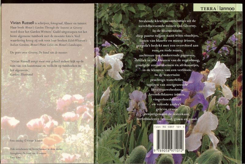 Russell, Vivian  .. Vertaling Hanneke van Dijk - Giverny - de hand van de meester .. met eenjarigen aan de waterkant , Herfstbladeren in rood , groen en goud