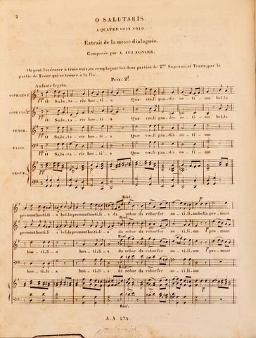 Aulagnier, Antonin: - [Kopftitel:] O salutaris à quatre voix solo [avec orgue]. Extrait de la messe dialoguée. Composée par A. Aulagnier