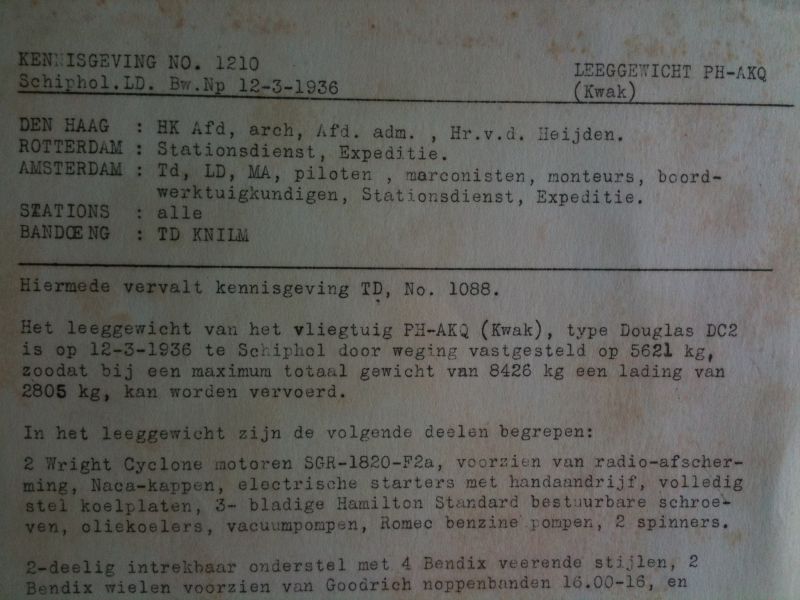 Document - Schiphol, ivm het vaststellen van het leeggewicht van de Douglas DC2, PH-AKQ [Kwak]