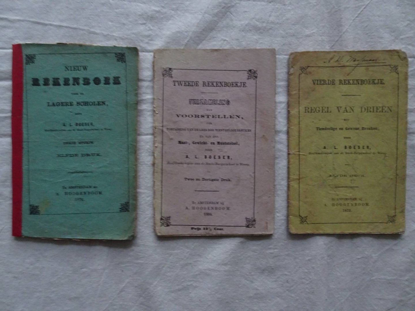 Boeser, A.L.. - Tweede rekenboekje. Verzameling van voorstellen, ter toepassing van de leer der tiendeelige breuken en van ons maat-, en gewicht- en muntstelsel/ Vierde rekenboekje. regel van drieën met tiendeelige en gewone breuken/ Nieuw rekenboek voor de l...