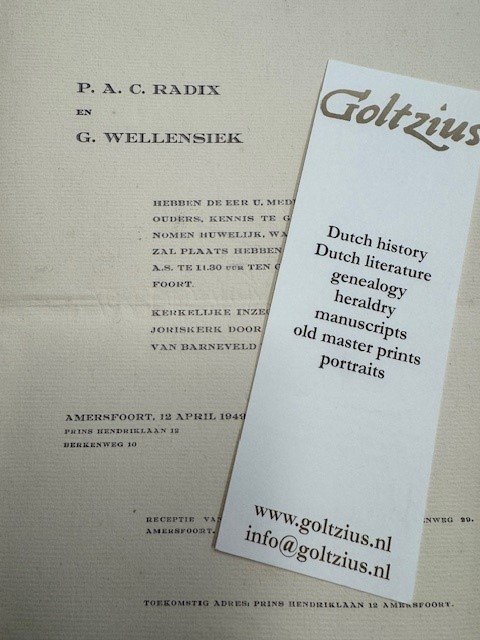  - Announcement invitation for the wedding of P.A. C. Radix and G. Wellensiek, April 1949, Amersfoort.