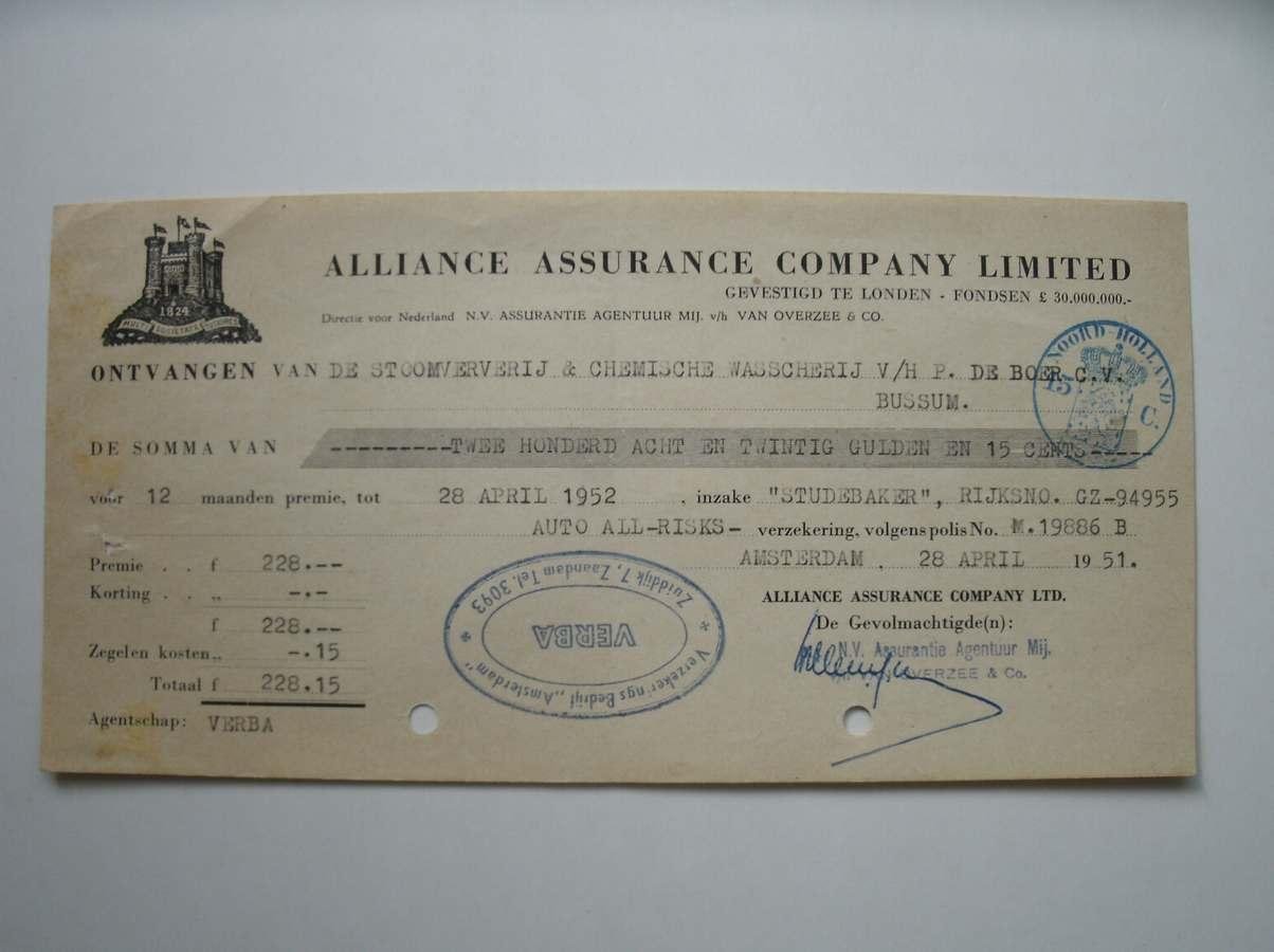 polis. - Alliance assurance company limitied. Kwitantie voor 12 maanden premie inzake "Studebaker" GZ-94955.