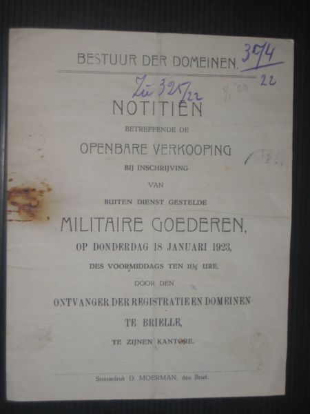  - Pamflet betreffende de openbare verkoping van buiten dienst gestelde militaire militaire goederen, Den Briel
