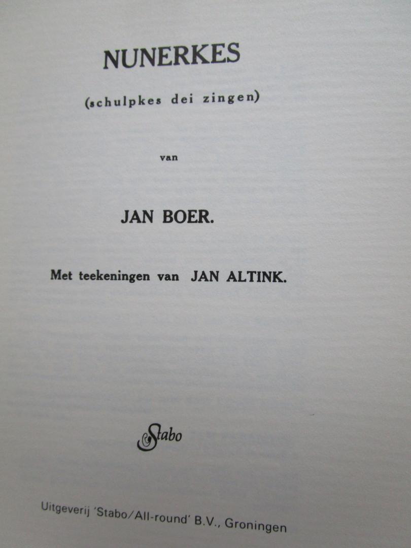 Boer, Jan (auteur) Jan Altink (teekeningen); Fabricius, Jan (voorwoord - Nunerkes  - schulpkes dei zingen -