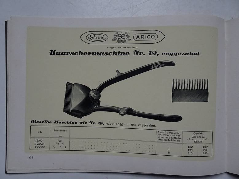 N.n.. - Attila Scherna Arico. Spezialfabrik für Haar-, Bart- und Bibikopfschermaschinen. Speciality manufacturers of hairclippers, beardclippers, shingling and bobbing clippers. Illustrated trade catalogue.