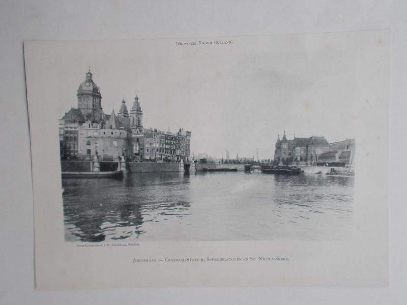 antique print (prent) - Amsterdam. Centraal station, Schreijerstoren en St.Nicolaaskerk.