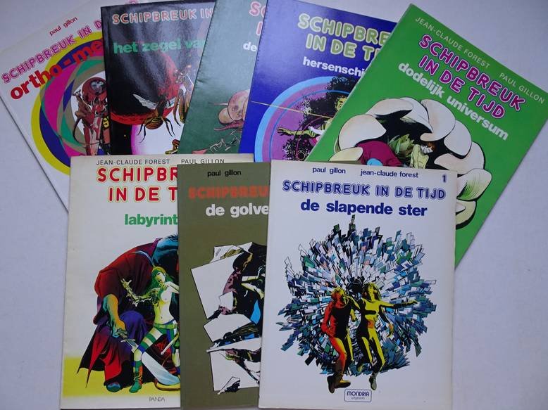 Gillon, Paul & Forest, Jean-Claude. - Schipbreuk in de Tijd. Deel 1 t/m 8. De Slapende Ster/ De golvende dood/ Labyrinten/ Dodelijk universum/ Hersenschimmen/ De meester-dromers/ Het zegel van beselek/ Ortho-menta's.