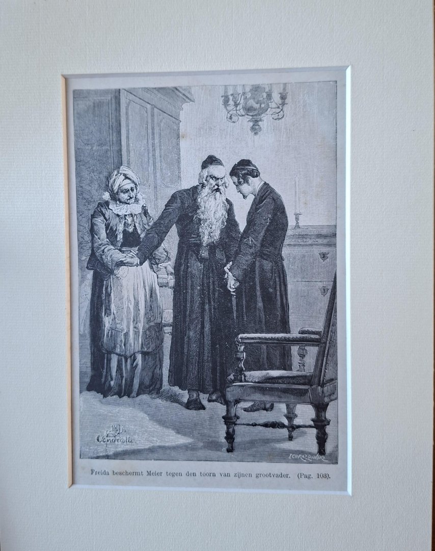 Orzeszkowa, Elisa - Freida beschermt Meier tegen toorn grootvader. Gravure van Michal Elwiro Andriolli uit het boek 'Meier Ezofowicz: Een verhaal uit het leven der Poolsche joden'.
