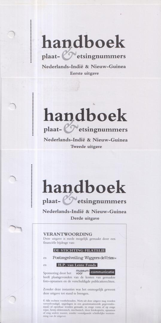 Hospers - redactie, H.T. - Handboek plaat- & etsingnummers Nederlands-Indië & Nieuw-Guinea - Compleet Eerste uitgave - Tweede uitgave - Derde uitgave