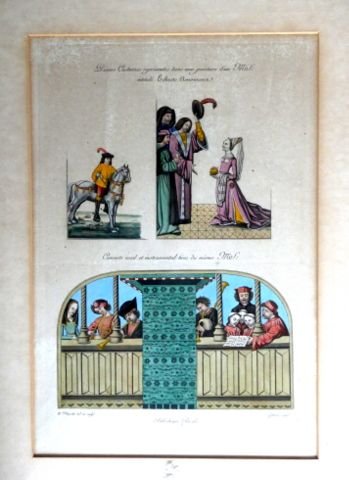 Willemin, Nicolas-Xavier: - [Kupferstich, handkoloriert] Divers costumes représentés dans une peinture d. un MS: intitulé Echets Amoreux. Concerts vocal et instrumental tirés du même Ms