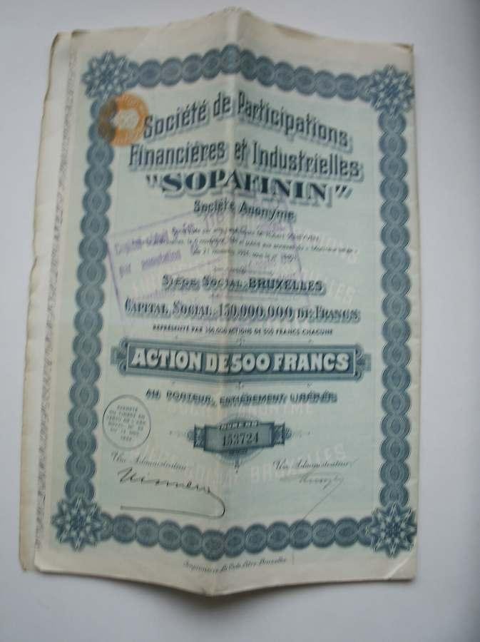 antique stock. Aandeel. - Societe de participations financieres et industrielles Sopafinin S.A. (..). Action de 500 Francs.