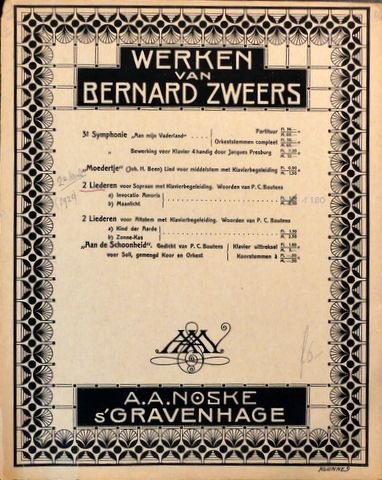 Zweers, Bernard: - 2 liederen voor sopraan met klavierbegeleiding. Woorden van P.C. Boutens