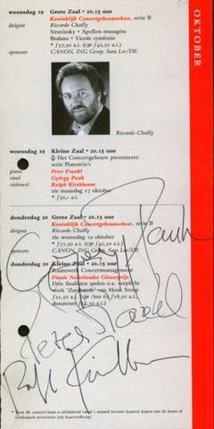 Frankl, Peter, György Pauk & Ralph Kirshbaum: - [Programmanzeige, inkomplett, mit eigenh. Unterschriften] Concertgebouw Kleine zaal. 19 oktober
