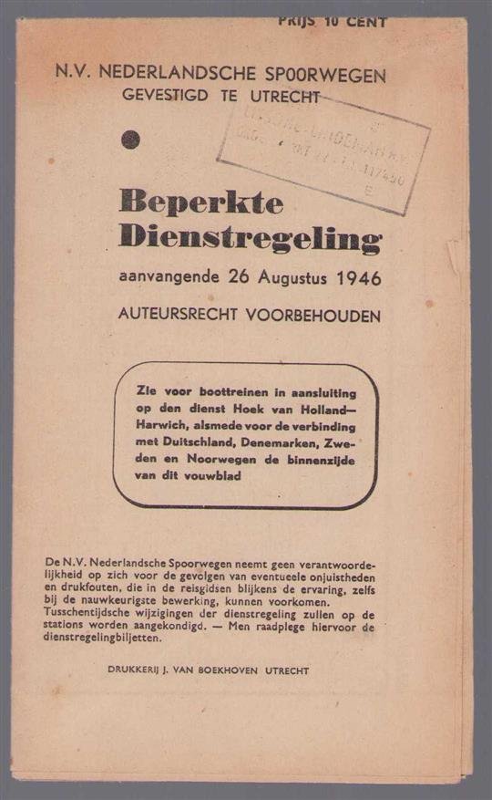 Nederlandsche Spoorwegen (Utrecht) - Beperkte dienstregeling aanvangende 26 Augustus 1946