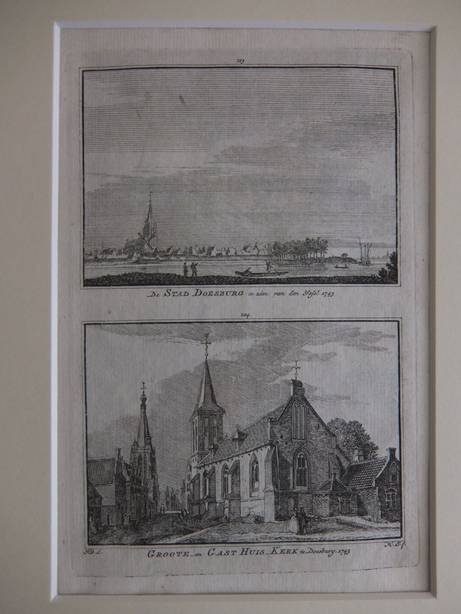 Doesburg. - De Stad Doesburg te zien van den IJssel, 1743/ Groote- en Gast Huis-Kerk te Doesburg, 1743.