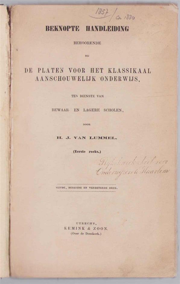 Lummel, H.J. van - Beknopte handleiding ( eerste reeks behoorende bij de platen voor het klassikaal aanschouwelijk onderwijs, ten dienste van bewaar- en lagere scholen
