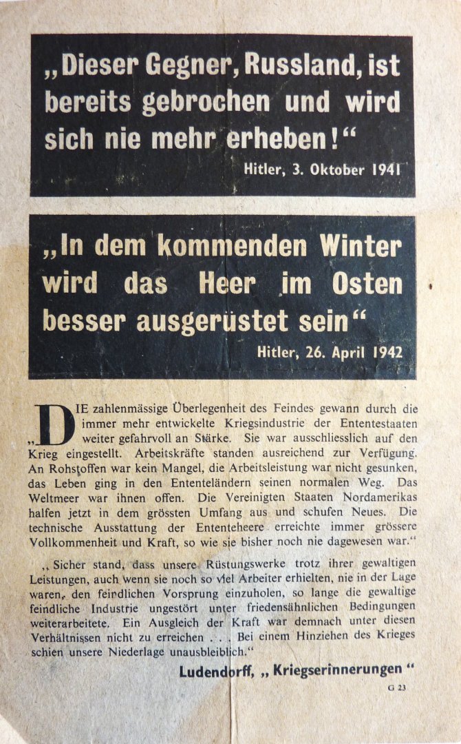 pamflet 2e wereldoorlog - "Hitler kann den Krieg nicht mehr gewinnen, er kann ihn nur verlängeren"  gedropt pamflet boven Nazi Duitsland