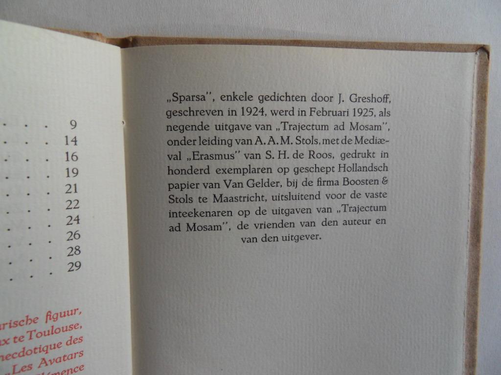 Greshoff, J. - Sparsa. - Enkele gedichten. [ Genummerd exemplaar 80 / 100 ].