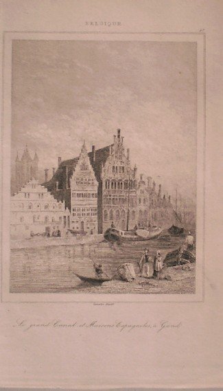 antique print (prent) - Le grand canal et maisons Espagnolles a Gand. (Gent).