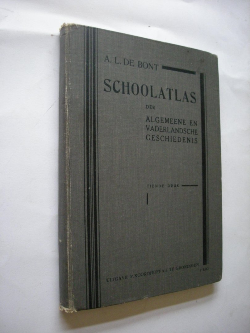 Bont, A.L.de - Schoolatlas der Algemeene en Vaderlandsche geschiedenis (ook voor het Handelsonderwijs). In ruim 180 kaarten en bijkaarten. Leiddraad(12pp.) ingelegd