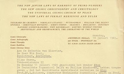 KROESE, Nicolaas - Vredeswiskunde II. Getypte, gesigneerde brief aan de journalist Wim Zaal, gedateerd 18 januari 1965.