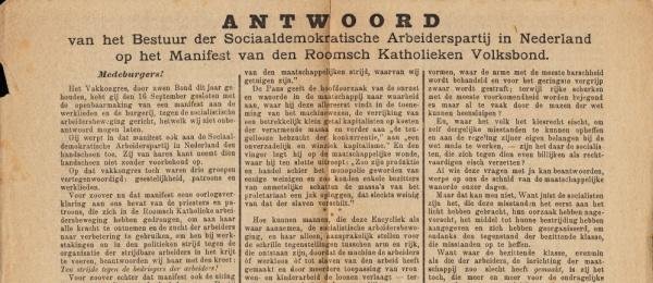 TROELSTRA, P.J., & W.H. VLIEGEN e.a. - Antwoord van het Bestuur der Sociaaldemokratische Arbeiderspartij in Nederland op het Manifest van den Roomsch Katholieken Volksbond.