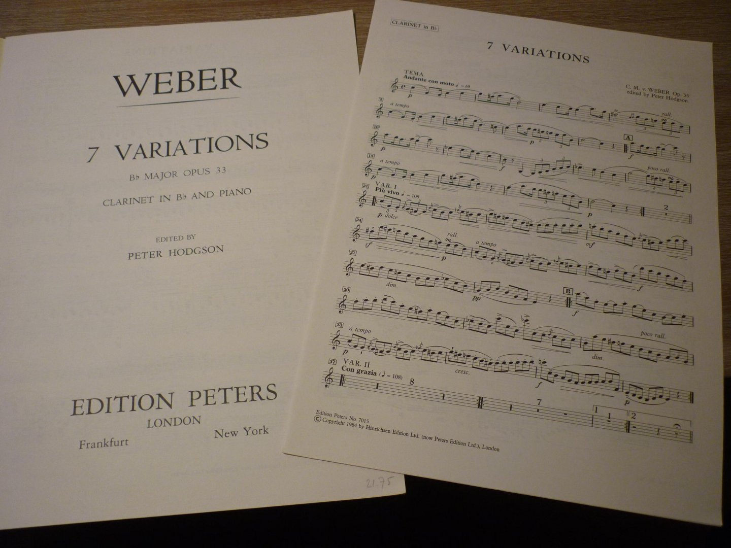 Weber; Carl Maria von (1786–1826) - 7 Variationen für Klarinette in B und Klavier B-Dur op. 33 voor Klarinet, piano; Pianopartituur, solopartij