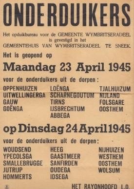 (W.O. II). ONDERDUIKERS - Affiche voor opduikende onderduikers in Wymbritseradeel, 1945.