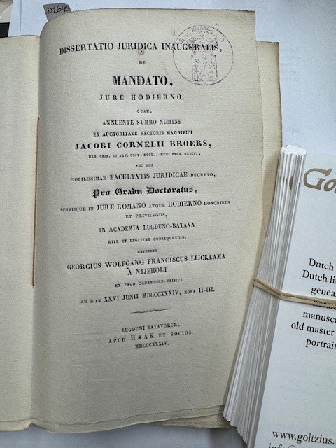 Lycklama a Nyeholt, Georgius Wolfgang Franciscus, uit Oldeboorn (Fr.) - Dissertatio juridica inaugurales de mandato jure hodierno [...] Leiden Haak en Comp. 1834