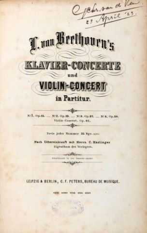 Beethoven, Ludwig van: - [Op. 58] L. van Beethoven`s Klavier-concerte und Violin-Concert in Partitur. No. 4. Op. 58. Nach Uebereinkunft mit Herrn C. Haslinger