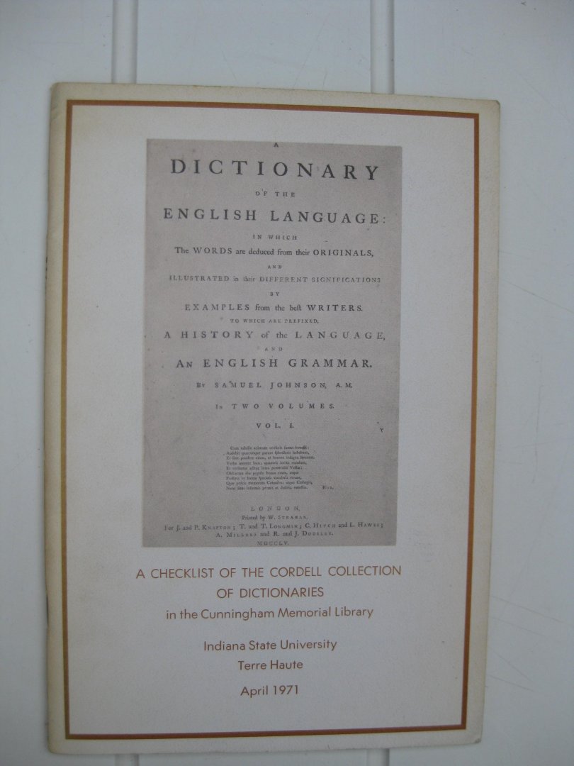 Tannenbaum, Earl (comp.) - A Checklist of the Cordell Collection of dictionaries in the Cunningham Memorial Library.