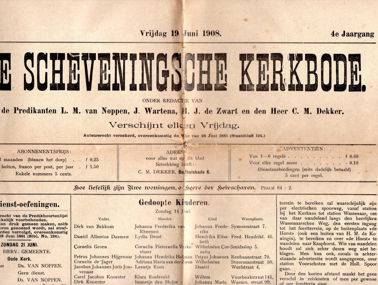Noppen, L. M. van; J. Wartema, H. J. de Zwart, C. M. Dekker - De Scheveningsche kerkbode, vrijdag 19 juni 1908.