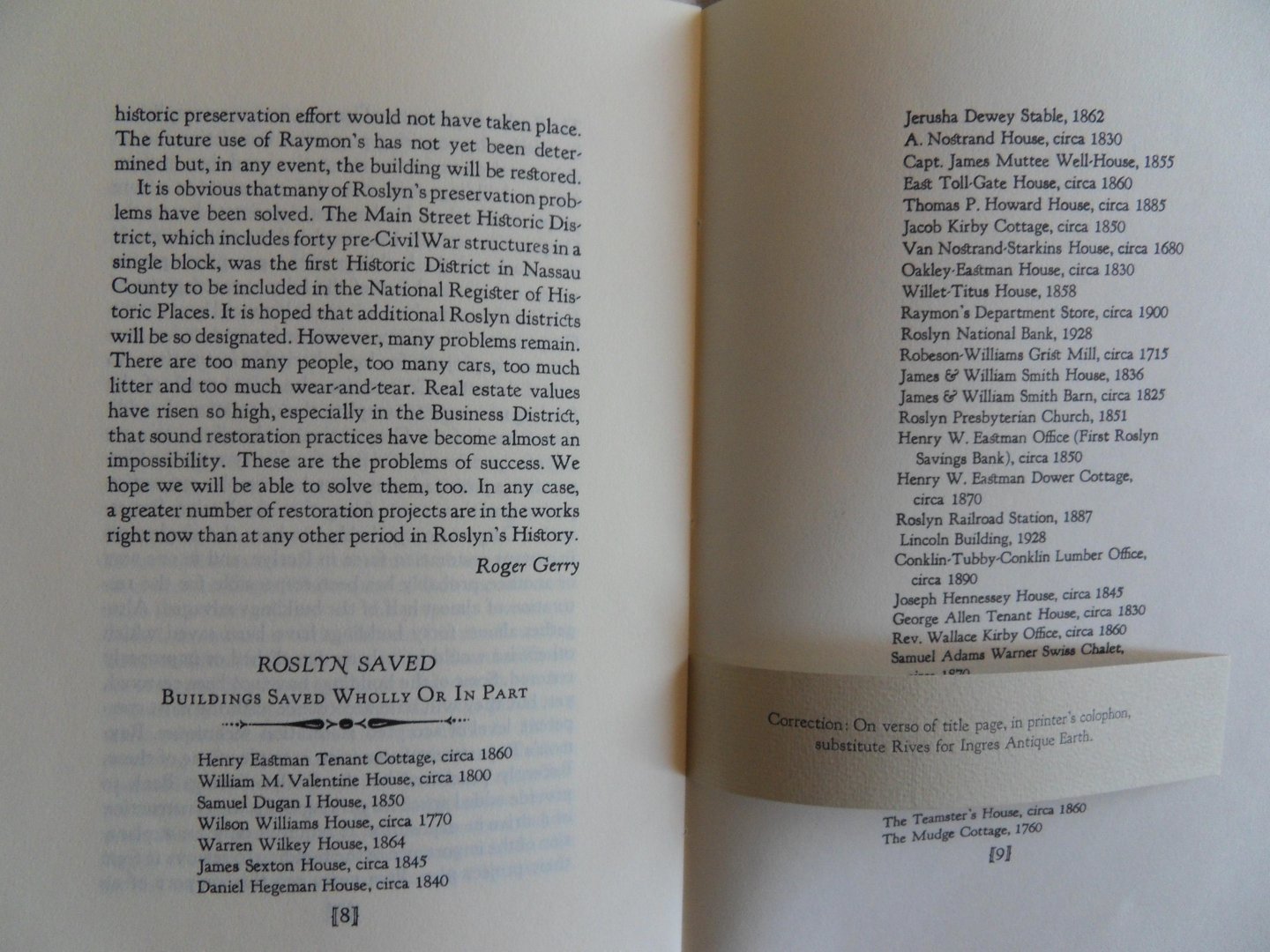 Gerry, Roger [ For the Roslyn Landmark Society ]. - Roslyn Saved. [ Bibliophile edition ].