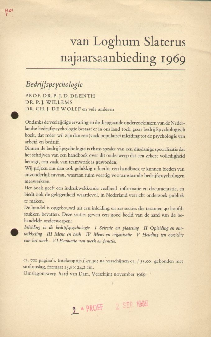 Directie - Voorjaarsaanbieding 1965, 1967, 1968 en 1969 + Najaarsaanbieding 1964, 1966 en 1969 van Van Loghum Slaterus  Arnhem