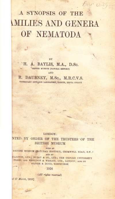 H.A. Baylis and R. Daubney - A Synopsis of the Families and Genera of Nematoda