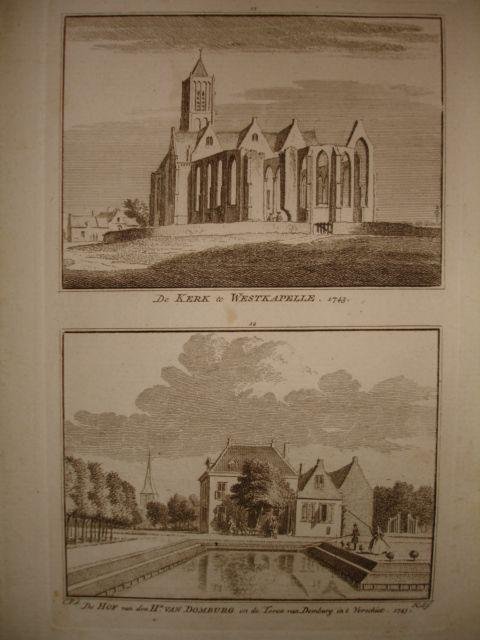 Westkapelle. - De kerk te Westkapelle - De Hof van den Hr. van Domburg en de Toren van Domburg in 't Verschiet.