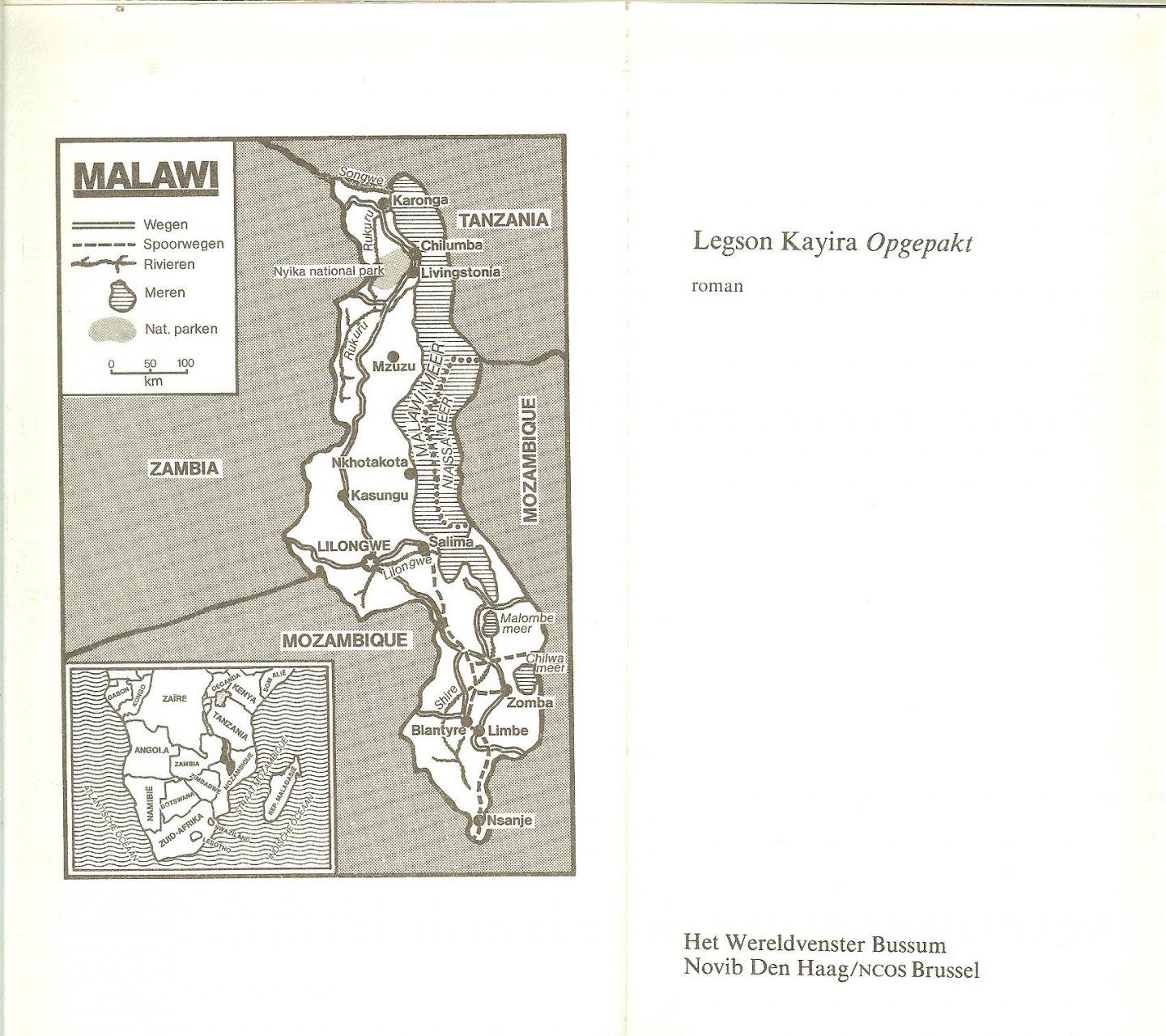 Kayira Legson  Uit het Engels vertaald door Richard-Nutbey, H.  Omslagillustratie typografie binnen werk Peter van Hugten - Opgepakt  Roman uit Malawi