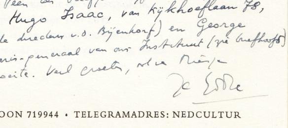 HOORNIK, Ed. - Handgeschreven brief aan Nico Wijnen (met theaterprogramma).
