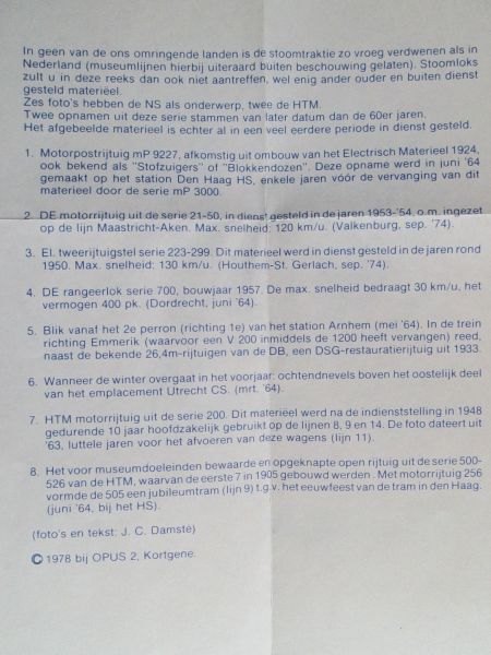 J.C. Damste (foto`s en tekst) - Envellop met 8 zwart/wit fotokaarten - serie 1 Spoorwegen Nederland 60er jaren, 6x NS en 2x HTM, met apart vel met omschrijving